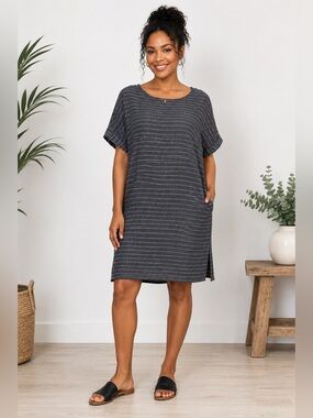 Eileen Fisher Delave Linen Pinstripe Tunic Dress | NWT | Large | Organic Linen